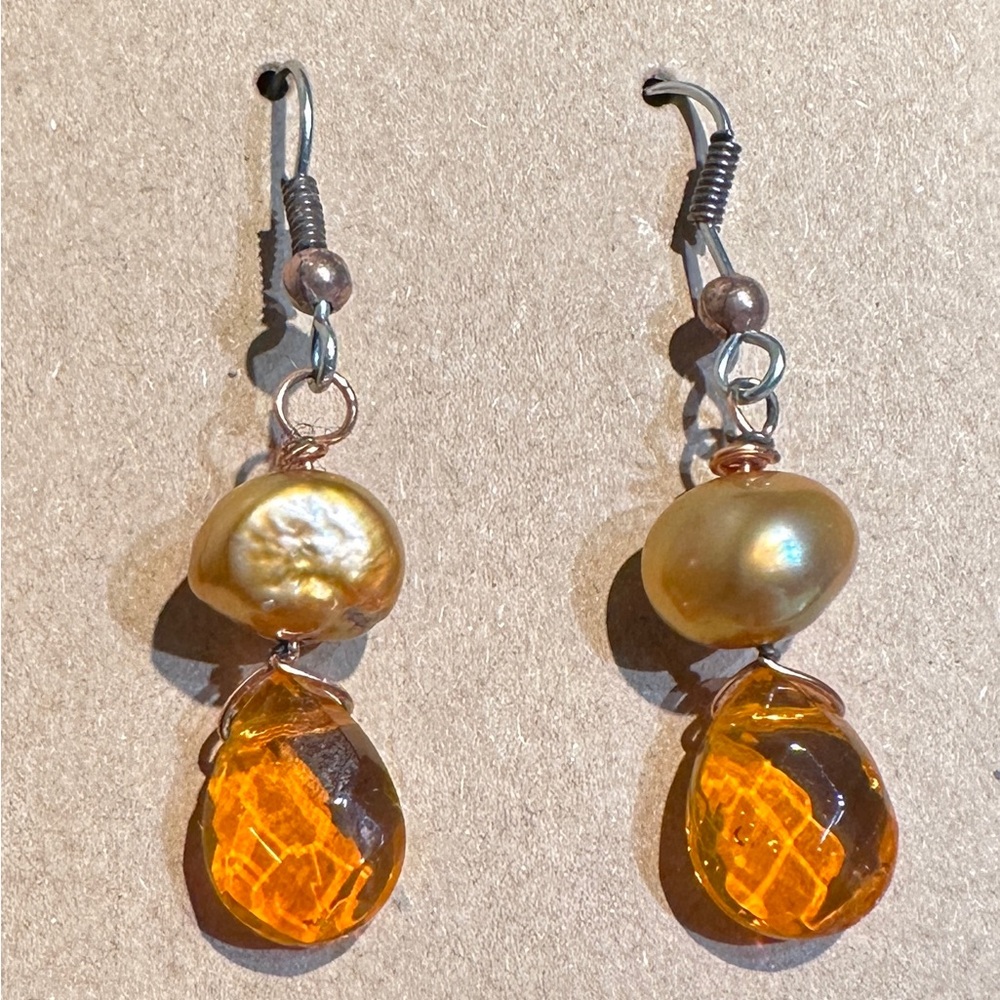 Handmade Peach Pearl Orange Swarovski Crystal Teardrop Earrings Sterling‎ Silver